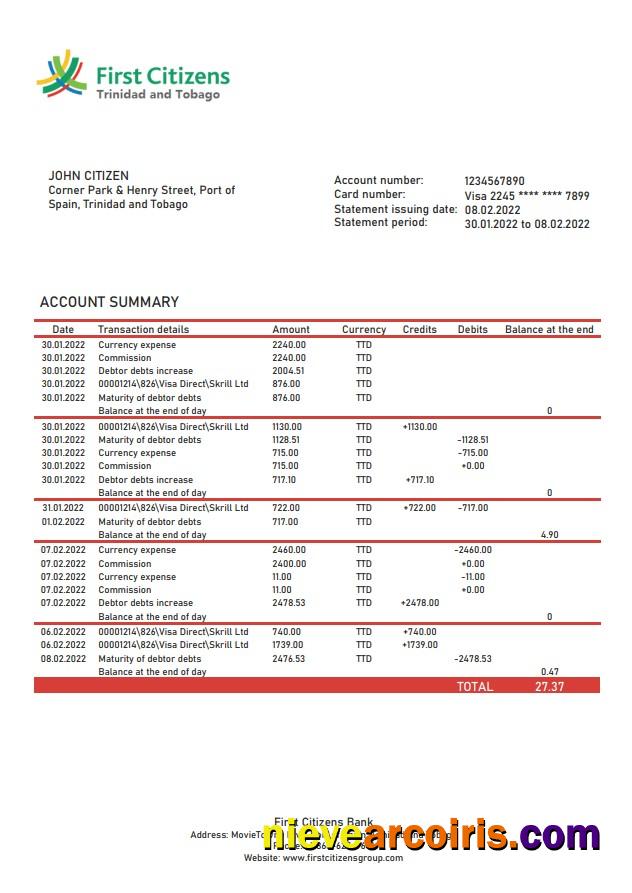 Trinidad and Tobago First Citizens bank statement